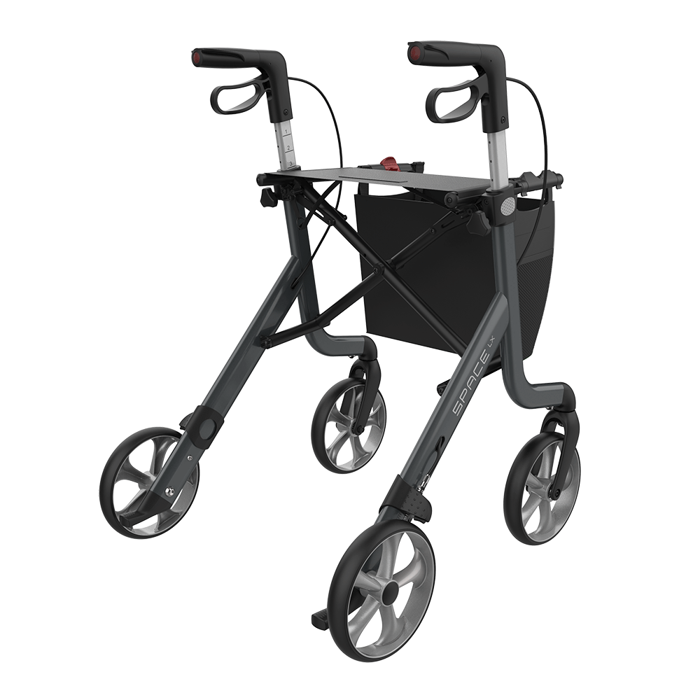 Rehasense SPACE LX rollator in Sober Grey, rear three-quarter view